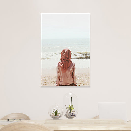Tropics Beach Wall Art Decor Red Girl Looking at the Sea Alone Canvas Print for Room Clearhalo 'Art Gallery' 'Canvas Art' 'Coastal Art Gallery' 'Nautical' Arts' 1656203