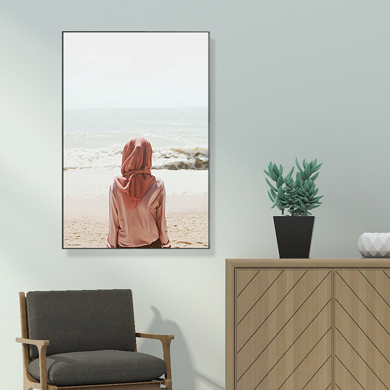 Tropics Beach Wall Art Decor Red Girl Looking at the Sea Alone Canvas Print for Room Clearhalo 'Art Gallery' 'Canvas Art' 'Coastal Art Gallery' 'Nautical' Arts' 1656204