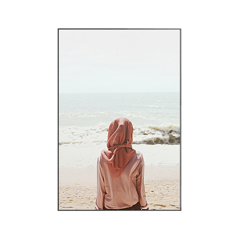 Tropics Beach Wall Art Decor Red Girl Looking at the Sea Alone Canvas Print for Room Clearhalo 'Art Gallery' 'Canvas Art' 'Coastal Art Gallery' 'Nautical' Arts' 1656205