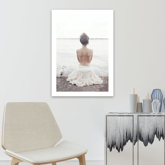 Canvas White Art Print Modern Morning River Scenery with Girls Back Wall Decor for Home White Clearhalo 'Art Gallery' 'Canvas Art' 'Contemporary Art Gallery' 'Modern' Arts' 1656209