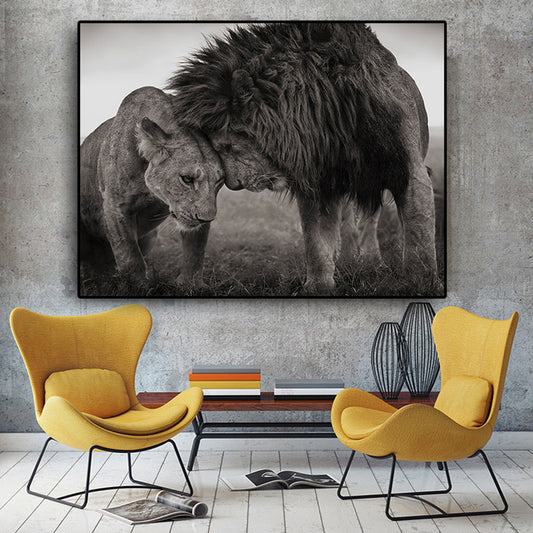 King of Savanna Lions Canvas Print Grey Modernist Wall Art Print for Sitting Room Grey Clearhalo 'Art Gallery' 'Canvas Art' 'Contemporary Art Gallery' 'Modern' Arts' 1656216
