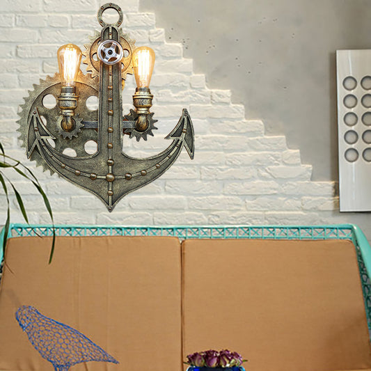 2 Bulbs Anchor Wall Mount Light with Gear Deco Antique Style Aged Brass/Rust Wrought Iron Sconce Lamp for Restaurant Antique Brass Clearhalo 'Art deco wall lights' 'Cast Iron' 'Glass' 'Industrial wall lights' 'Industrial' 'Middle century wall lights' 'Modern' 'Rustic wall lights' 'Tiffany' 'Traditional wall lights' 'Wall Lamps & Sconces' 'Wall Lights' Lighting' 165623