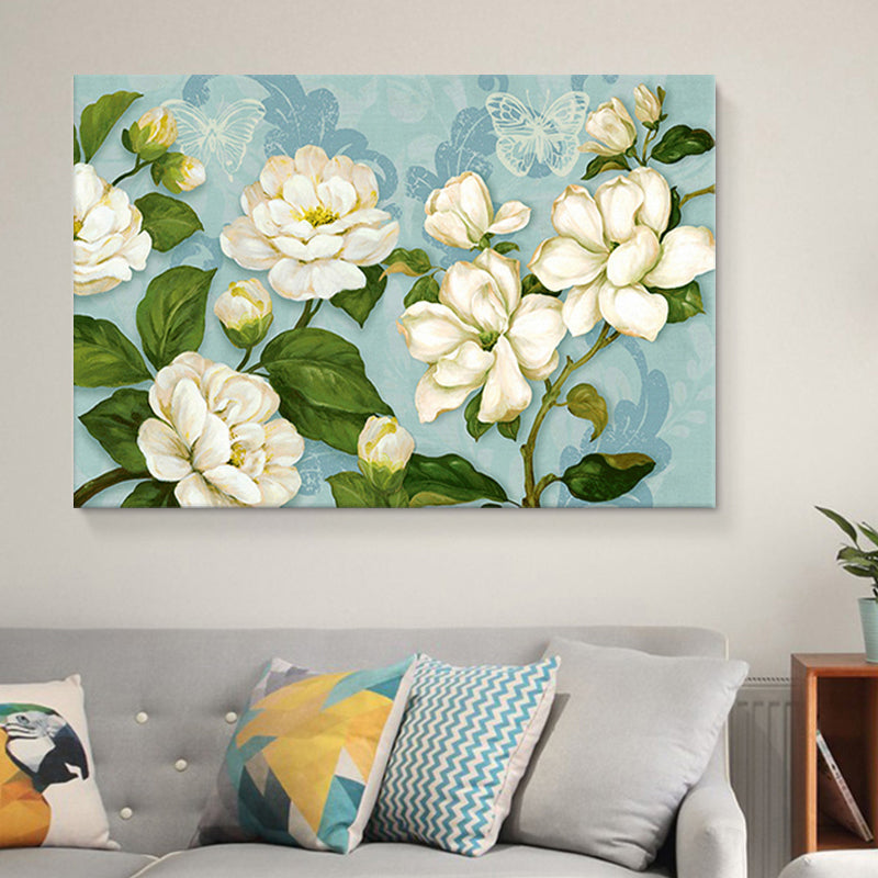 Big Blooming Magnolia Painting Canvas Art for Bedroom, Blue and White, Textured Surface Clearhalo 'Art Gallery' 'Canvas Art' 'Traditional' Arts' 1656317