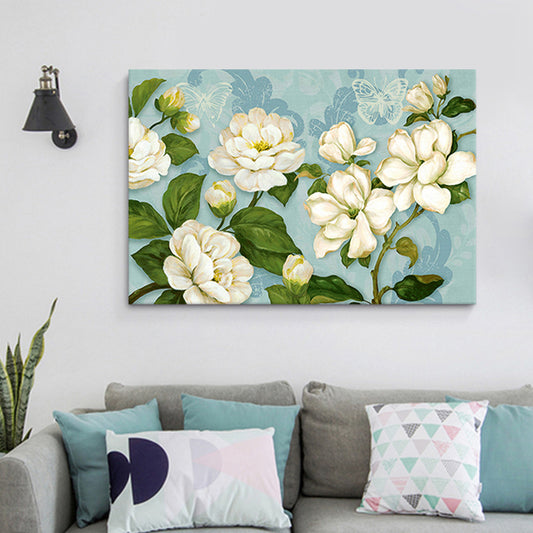 Big Blooming Magnolia Painting Canvas Art for Bedroom, Blue and White, Textured Surface Clearhalo 'Art Gallery' 'Canvas Art' 'Traditional' Arts' 1656318