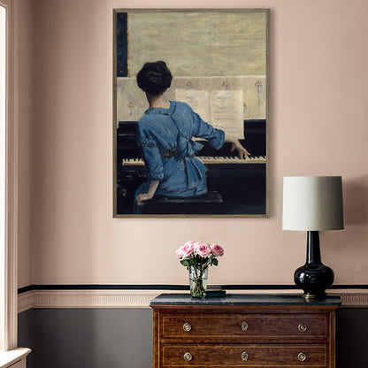 Sitting Girl and Piano Painting Vintage Style Canvas Textured Wall Decor in Blue Blue Clearhalo 'Arts' 'Canvas Art' 1656362