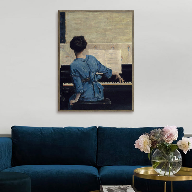 Sitting Girl and Piano Painting Vintage Style Canvas Textured Wall Decor in Blue Clearhalo 'Arts' 'Canvas Art' 1656363