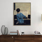 Sitting Girl and Piano Painting Vintage Style Canvas Textured Wall Decor in Blue Clearhalo 'Arts' 'Canvas Art' 1656364