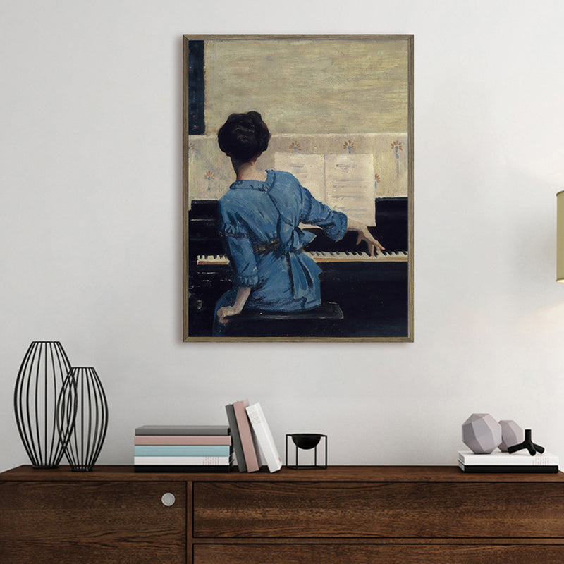 Sitting Girl and Piano Painting Vintage Style Canvas Textured Wall Decor in Blue Clearhalo 'Arts' 'Canvas Art' 1656364