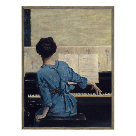 Sitting Girl and Piano Painting Vintage Style Canvas Textured Wall Decor in Blue Clearhalo 'Arts' 'Canvas Art' 1656365