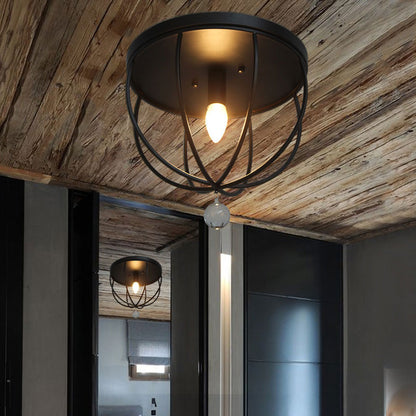 1/4/5-Head Wire Cage Flush Ceiling Light with Clear Crystal Ball Retro Black Metallic Flush Mount Light 1 Black Clearhalo 'Ceiling Lights' 'Close To Ceiling Lights' 'Close to ceiling' 'Flush mount' 'Industrial Flush Mount' Lighting' 165638