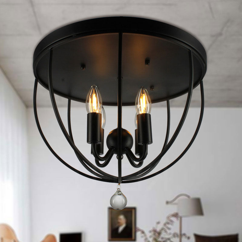 1/4/5-Head Wire Cage Flush Ceiling Light with Clear Crystal Ball Retro Black Metallic Flush Mount Light 4 Black Clearhalo 'Ceiling Lights' 'Close To Ceiling Lights' 'Close to ceiling' 'Flush mount' 'Industrial Flush Mount' Lighting' 165643