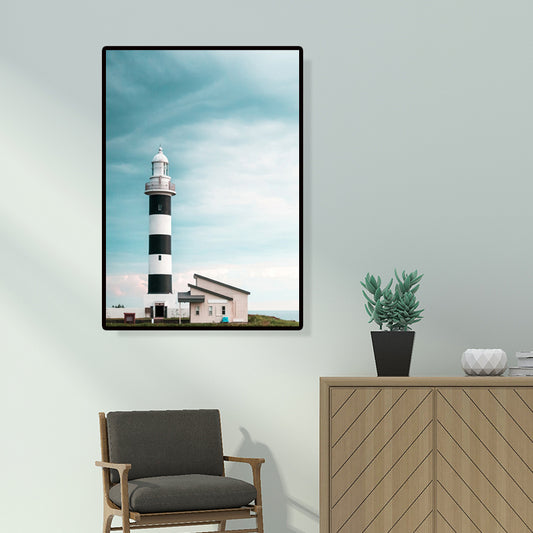 Lighthouse and Sky View Canvas Contemporary Textured Wall Art Print in Blue and White Blue Clearhalo 'Art Gallery' 'Canvas Art' 'Contemporary Art Gallery' 'Modern' Arts' 1656453