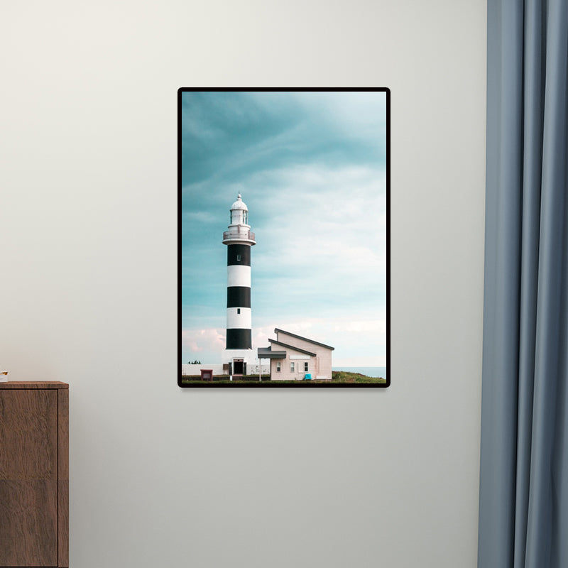 Lighthouse and Sky View Canvas Contemporary Textured Wall Art Print in Blue and White Clearhalo 'Art Gallery' 'Canvas Art' 'Contemporary Art Gallery' 'Modern' Arts' 1656454