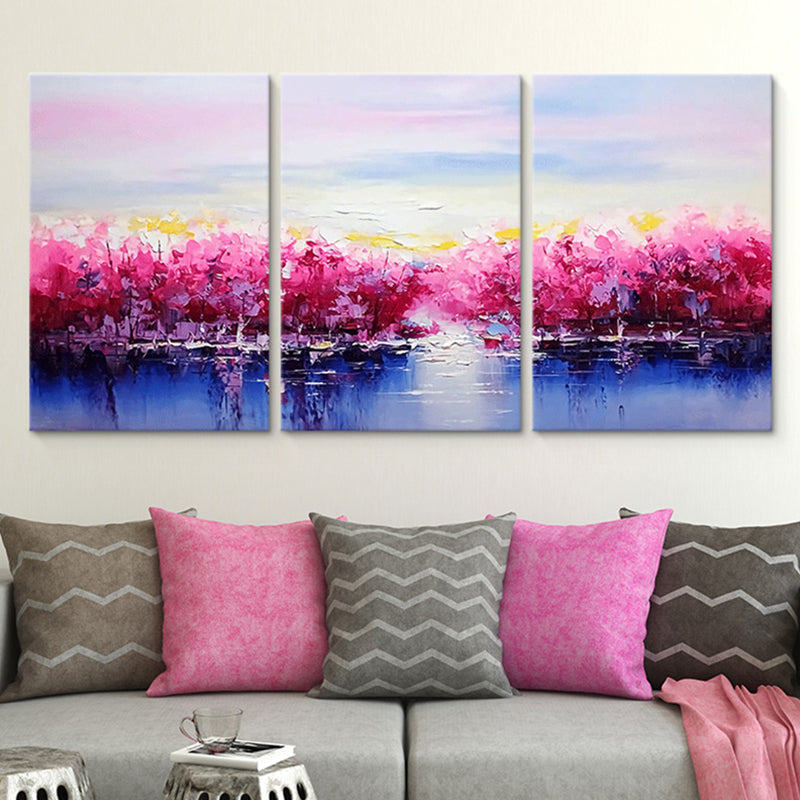 Beautiful Riverside Blossom Trees Canvas for Living Room Scenery Wall Art Decor in Pink Pink Clearhalo 'Art Gallery' 'Canvas Art' 'Contemporary Art Gallery' 'Modern' Arts' 1656460