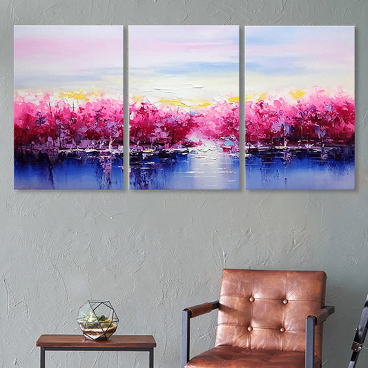 Beautiful Riverside Blossom Trees Canvas for Living Room Scenery Wall Art Decor in Pink Clearhalo 'Art Gallery' 'Canvas Art' 'Contemporary Art Gallery' 'Modern' Arts' 1656461