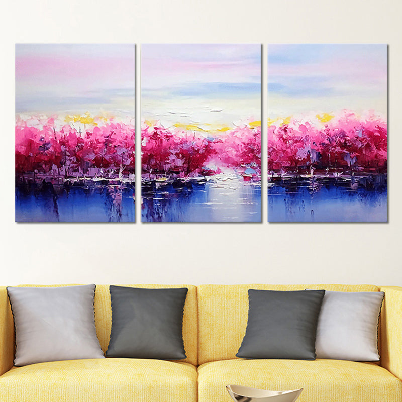 Beautiful Riverside Blossom Trees Canvas for Living Room Scenery Wall Art Decor in Pink Clearhalo 'Art Gallery' 'Canvas Art' 'Contemporary Art Gallery' 'Modern' Arts' 1656462
