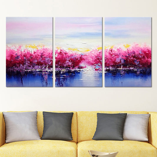 Beautiful Riverside Blossom Trees Canvas for Living Room Scenery Wall Art Decor in Pink Clearhalo 'Art Gallery' 'Canvas Art' 'Contemporary Art Gallery' 'Modern' Arts' 1656462