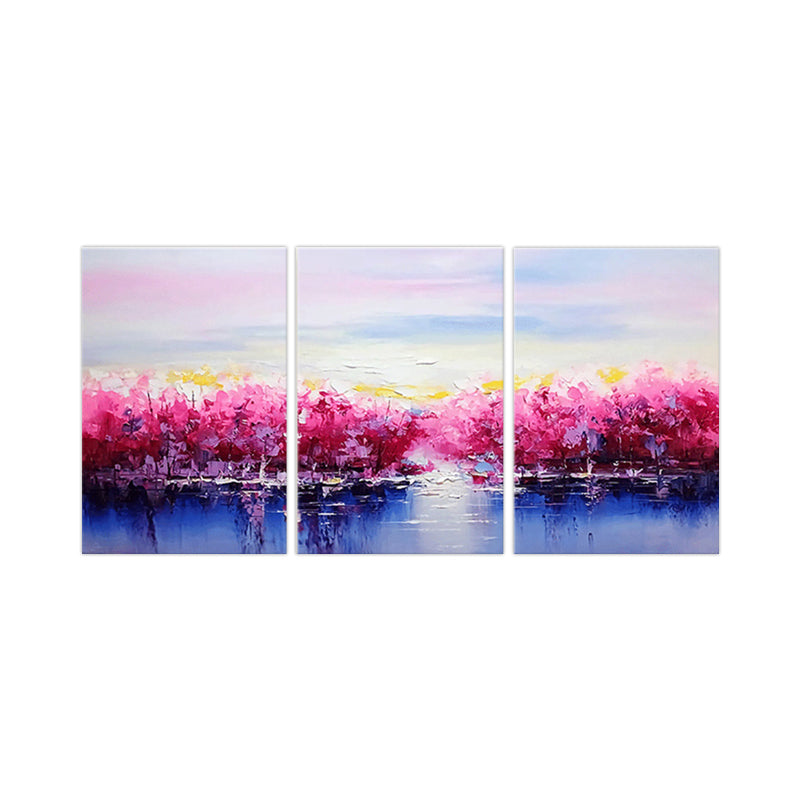 Beautiful Riverside Blossom Trees Canvas for Living Room Scenery Wall Art Decor in Pink Clearhalo 'Art Gallery' 'Canvas Art' 'Contemporary Art Gallery' 'Modern' Arts' 1656463