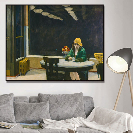 Traditional Painting in Green Edward Hopper Yellow Hat Woman Canvas Art Print for Home Green Clearhalo 'Art Gallery' 'Canvas Art' 'Traditional' Arts' 1656481