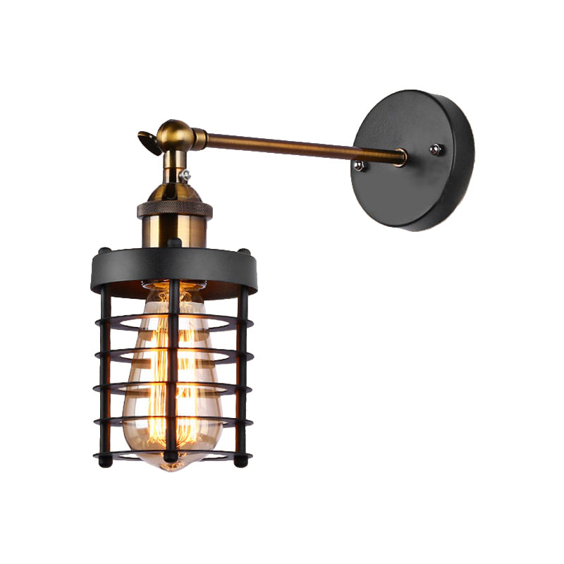 Metal Caged Wall Lighting Industrial Rustic 1 Light Indoor Mini Wall Mount Light with Cylindrical Shade Clearhalo 'Art deco wall lights' 'Cast Iron' 'Glass' 'Industrial wall lights' 'Industrial' 'Middle century wall lights' 'Modern' 'Rustic wall lights' 'Tiffany' 'Traditional wall lights' 'Wall Lamps & Sconces' 'Wall Lights' Lighting' 165661