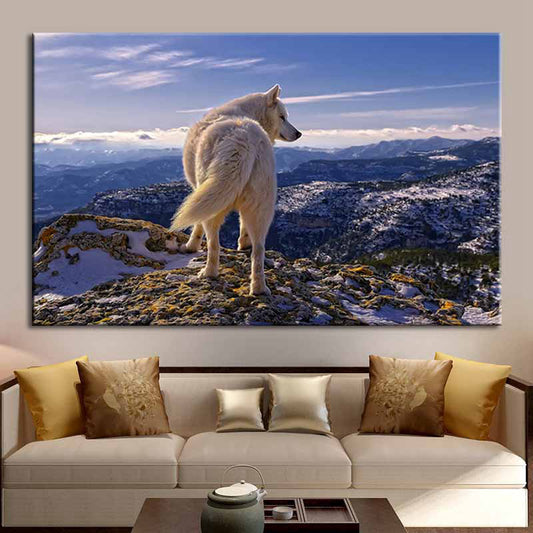 Modern Mountain Landscape Canvas in Blue Wild Wolf on the Cliff Wall Art for Room Blue Clearhalo 'Art Gallery' 'Canvas Art' 'Contemporary Art Gallery' 'Modern' Arts' 1656655