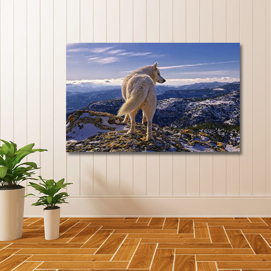 Modern Mountain Landscape Canvas in Blue Wild Wolf on the Cliff Wall Art for Room Clearhalo 'Art Gallery' 'Canvas Art' 'Contemporary Art Gallery' 'Modern' Arts' 1656657