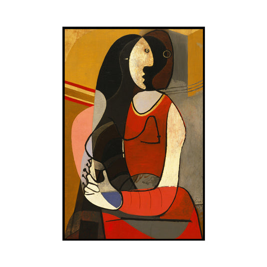 Picasso Style Seated Woman Painting Traditional Canvas Wall Art in Red and Black Clearhalo 'Art Gallery' 'Canvas Art' 'Traditional' Arts' 1656665