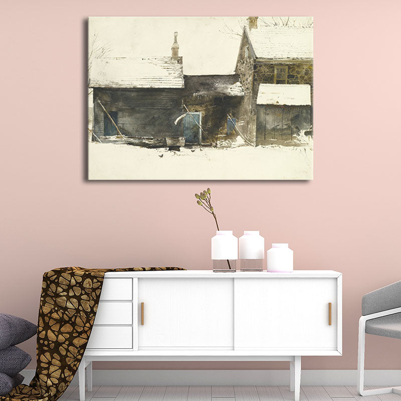 Country Snowy Houses Painting Canvas Textured Dark Color Wall Art for Bedroom Black Clearhalo 'Art Gallery' 'Canvas Art' 'Country Art Gallery' 'French Country' 'Rustic' Arts' 1656858