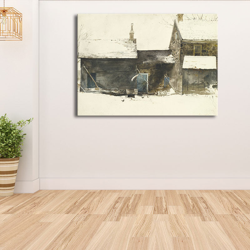 Country Snowy Houses Painting Canvas Textured Dark Color Wall Art for Bedroom Clearhalo 'Art Gallery' 'Canvas Art' 'Country Art Gallery' 'French Country' 'Rustic' Arts' 1656859