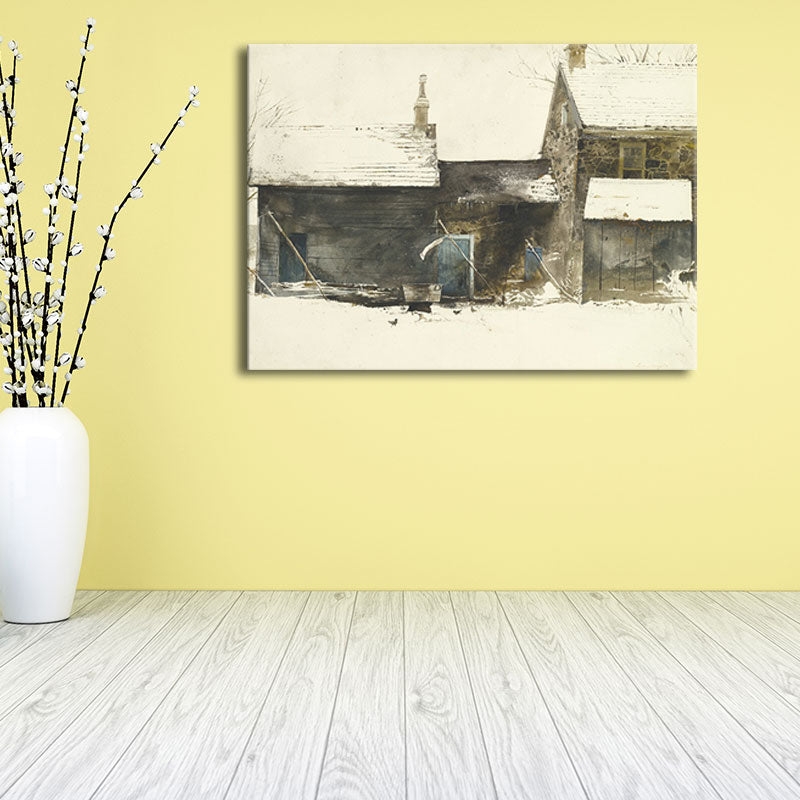 Country Snowy Houses Painting Canvas Textured Dark Color Wall Art for Bedroom Clearhalo 'Art Gallery' 'Canvas Art' 'Country Art Gallery' 'French Country' 'Rustic' Arts' 1656860