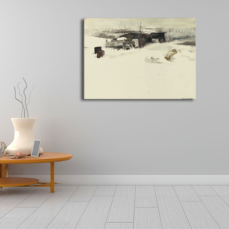 Country Snowy Houses Painting Canvas Textured Dark Color Wall Art for Bedroom Clearhalo 'Art Gallery' 'Canvas Art' 'Country Art Gallery' 'French Country' 'Rustic' Arts' 1656866