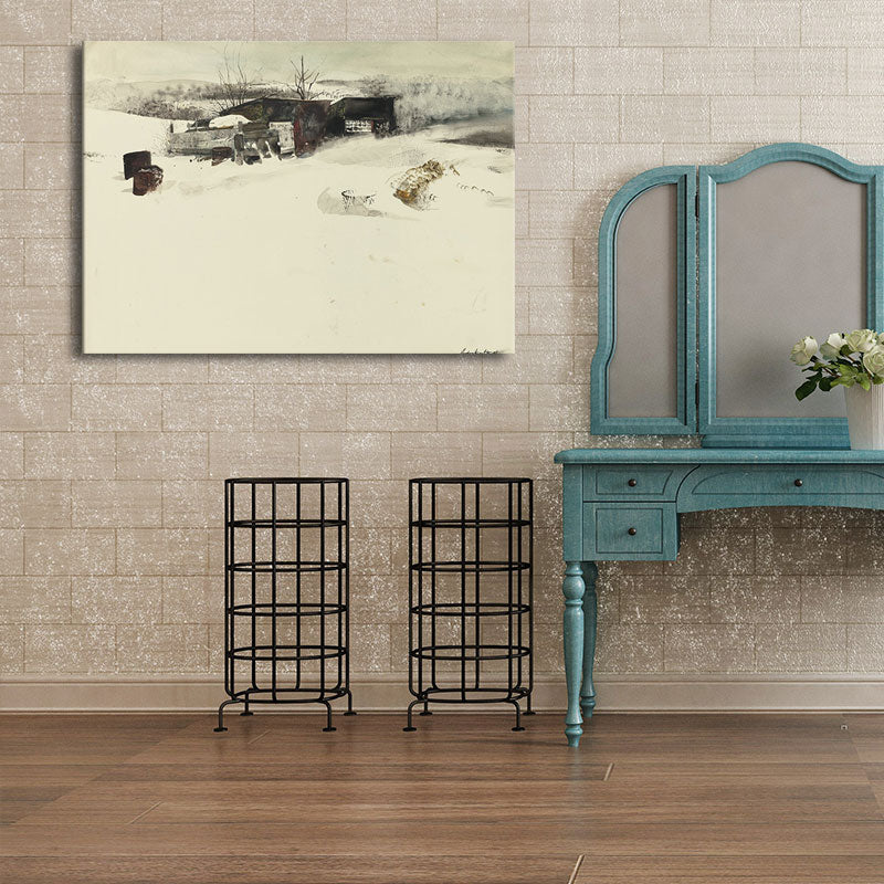 Country Snowy Houses Painting Canvas Textured Dark Color Wall Art for Bedroom Clearhalo 'Art Gallery' 'Canvas Art' 'Country Art Gallery' 'French Country' 'Rustic' Arts' 1656867