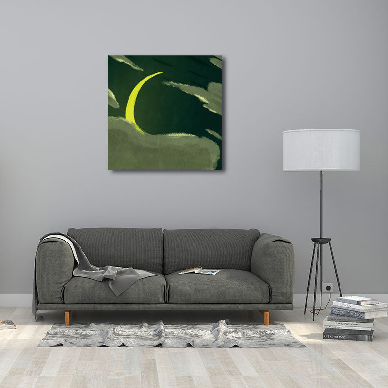 Moon Behind the Cloud Canvas Print Dark Color Childrens Art Painting for Kids Room Green Clearhalo 'Art Gallery' 'Canvas Art' 'Kids' Arts' 1657009