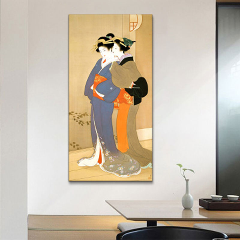 Orange Whispering Woman Wall Art Ukiyoe Asian Textured Canvas Print for Guest Room Orange Clearhalo 'Art Gallery' 'Canvas Art' 'Traditional' Arts' 1657022