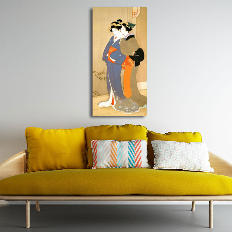 Orange Whispering Woman Wall Art Ukiyoe Asian Textured Canvas Print for Guest Room Clearhalo 'Art Gallery' 'Canvas Art' 'Traditional' Arts' 1657023