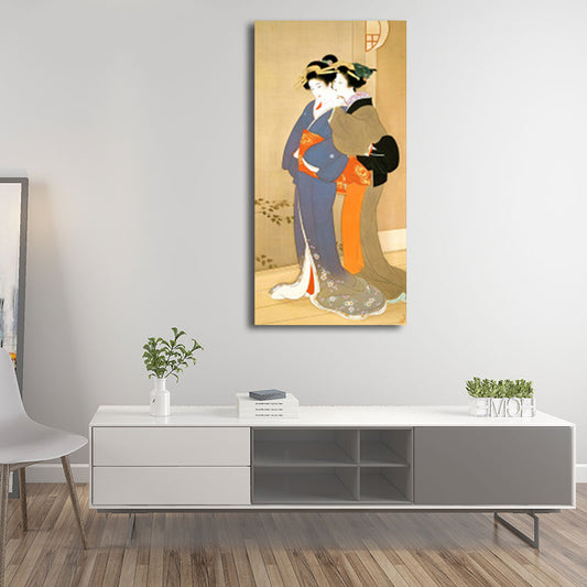 Orange Whispering Woman Wall Art Ukiyoe Asian Textured Canvas Print for Guest Room Clearhalo 'Art Gallery' 'Canvas Art' 'Traditional' Arts' 1657024