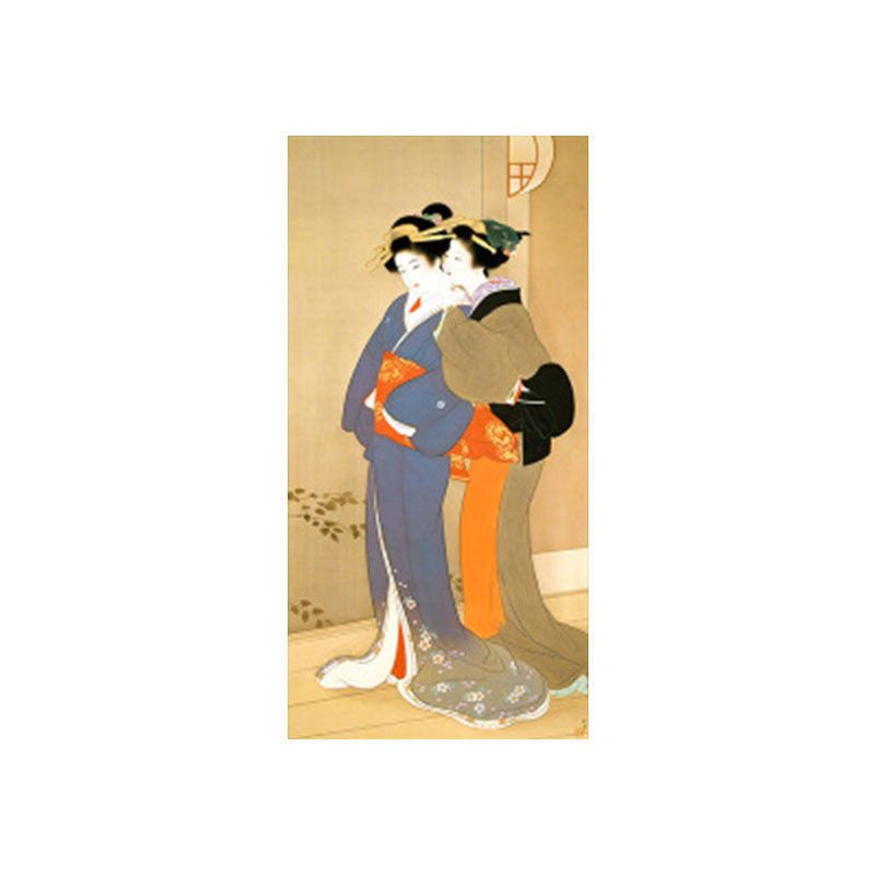 Orange Whispering Woman Wall Art Ukiyoe Asian Textured Canvas Print for Guest Room Clearhalo 'Art Gallery' 'Canvas Art' 'Traditional' Arts' 1657025
