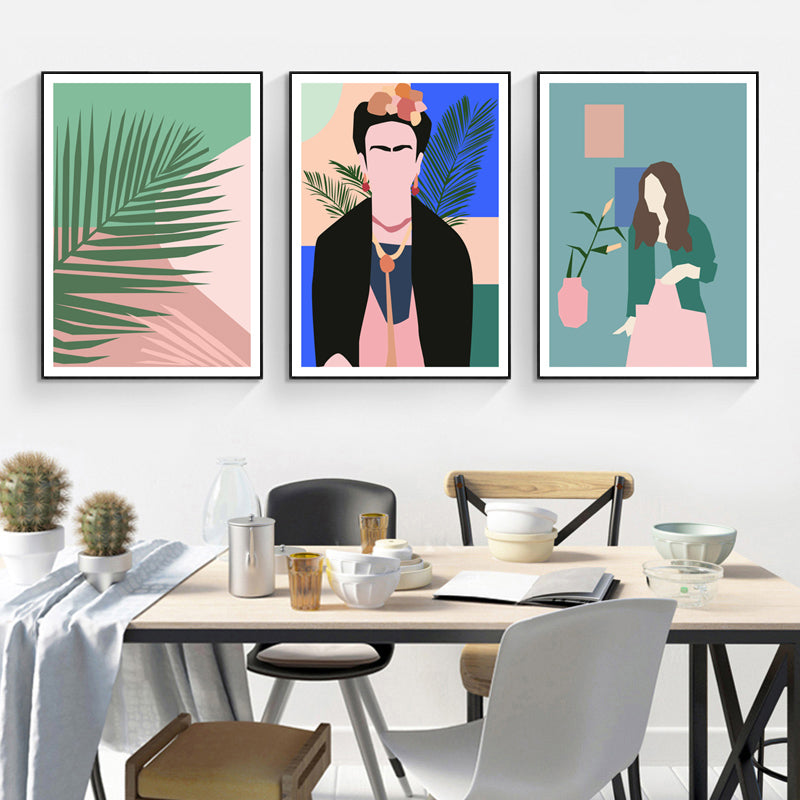 Leaf and People Canvas Wall Art Set Scandinavian Dining Room Painting (Multiple Size) - Green - Clearhalo - 'Arts' - 'Canvas Art' - 1657213