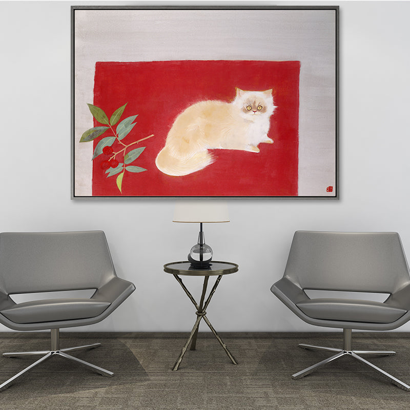 Cat Lying on Carpet Canvas Print in Red Childrens Art Wall Decor for Kids Bedroom Clearhalo 'Art Gallery' 'Canvas Art' 'Kids' Arts' 1657271