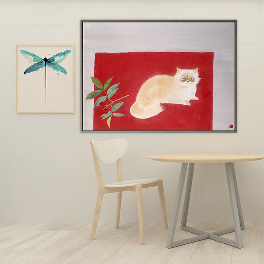 Cat Lying on Carpet Canvas Print in Red Childrens Art Wall Decor for Kids Bedroom Clearhalo 'Art Gallery' 'Canvas Art' 'Kids' Arts' 1657272