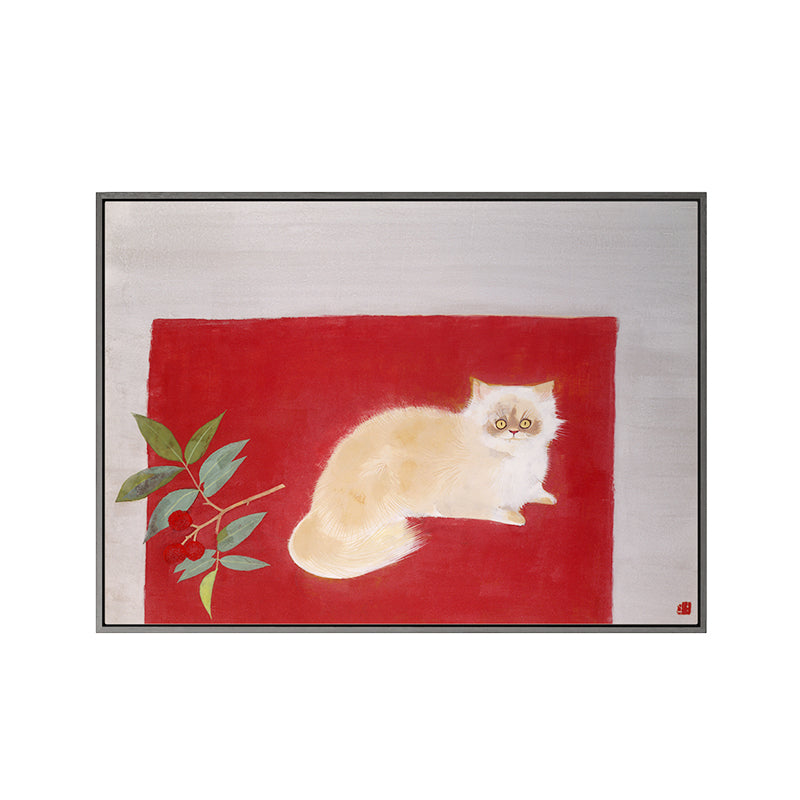 Cat Lying on Carpet Canvas Print in Red Childrens Art Wall Decor for Kids Bedroom Clearhalo 'Art Gallery' 'Canvas Art' 'Kids' Arts' 1657273