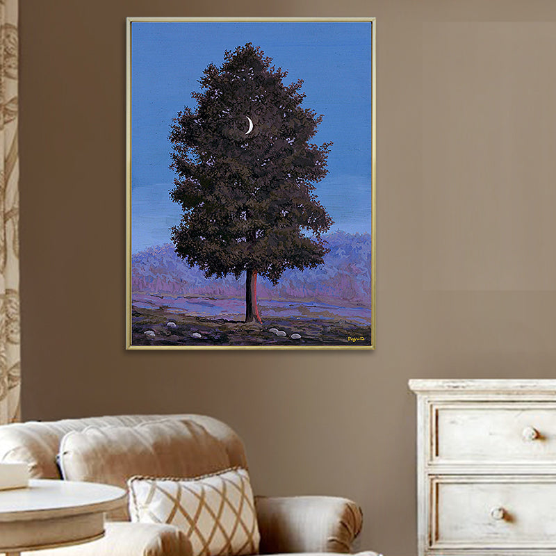 Crescent and Tree Wall Art Farmhouse Surreal Night Scene Canvas Print in Dark Color Clearhalo 'Art Gallery' 'Canvas Art' 'Country Art Gallery' 'French Country' 'Rustic' Arts' 1657306