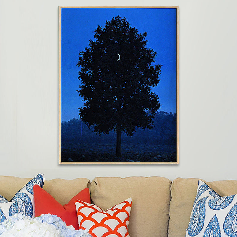 Crescent and Tree Wall Art Farmhouse Surreal Night Scene Canvas Print in Dark Color Blue Clearhalo 'Art Gallery' 'Canvas Art' 'Country Art Gallery' 'French Country' 'Rustic' Arts' 1657312