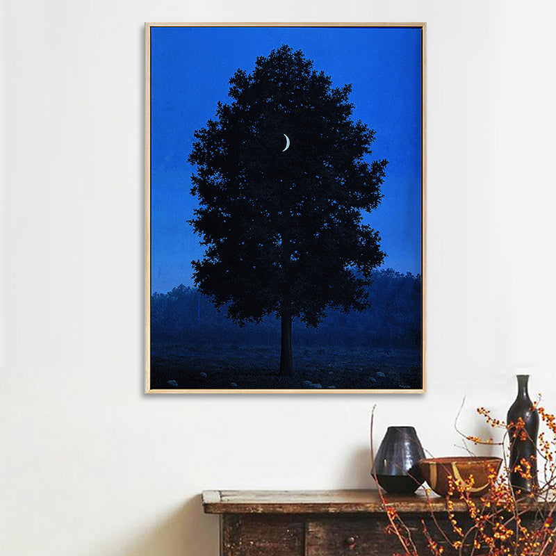 Crescent and Tree Wall Art Farmhouse Surreal Night Scene Canvas Print in Dark Color Clearhalo 'Art Gallery' 'Canvas Art' 'Country Art Gallery' 'French Country' 'Rustic' Arts' 1657313