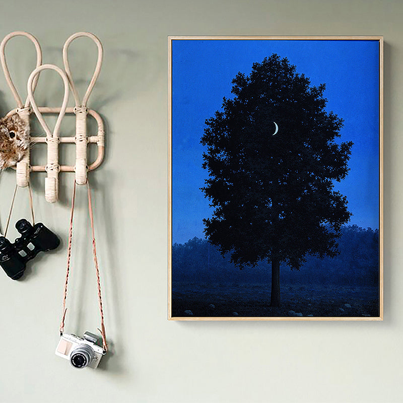 Crescent and Tree Wall Art Farmhouse Surreal Night Scene Canvas Print in Dark Color Clearhalo 'Art Gallery' 'Canvas Art' 'Country Art Gallery' 'French Country' 'Rustic' Arts' 1657314