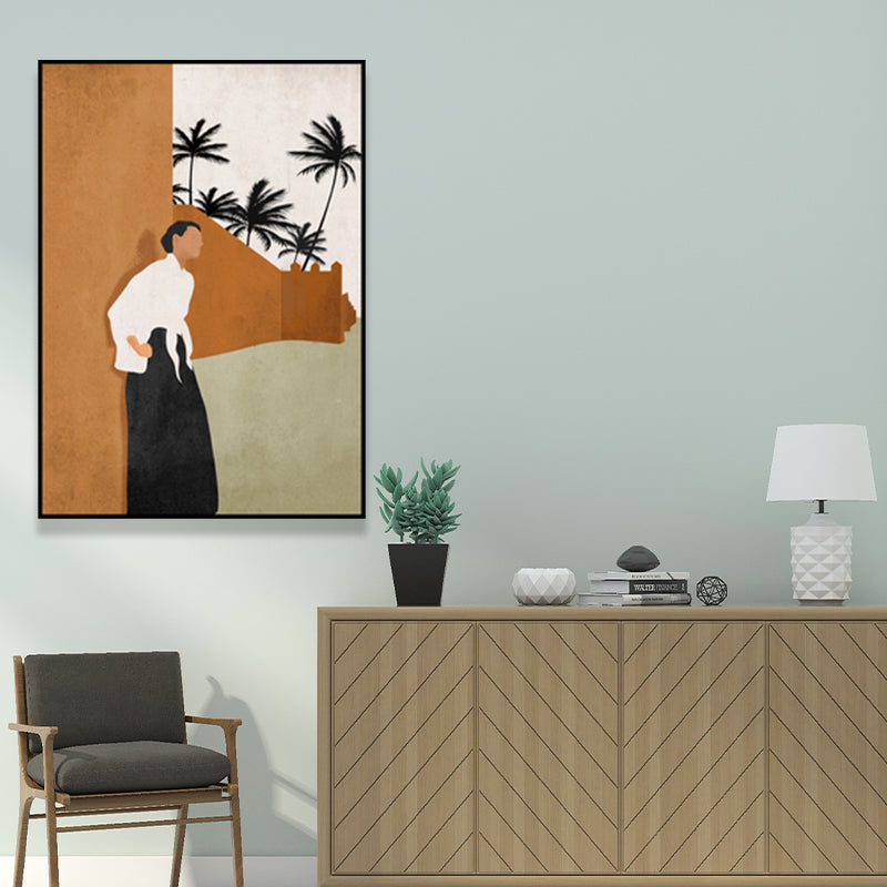 Canvas Textured Wall Art Decor Tropical Man Again the Wall and Coconut Tree Painting Brown Clearhalo 'Art Gallery' 'Canvas Art' 'Coastal Art Gallery' 'Tropical' Arts' 1657401