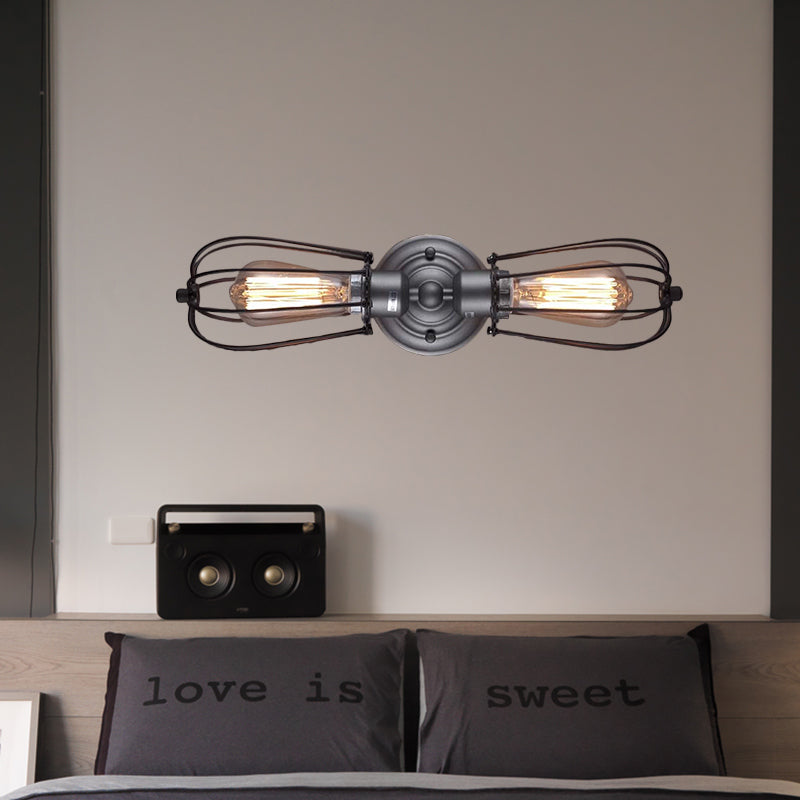 Metal Bulb Shaped Wall Mount Light with Cage Shade Industrial Vintage 1/2-Light Restaurant Wall Sconce in Black/Nickel 2.0 Nickel Clearhalo 'Art deco wall lights' 'Cast Iron' 'Glass' 'Industrial wall lights' 'Industrial' 'Middle century wall lights' 'Modern' 'Rustic wall lights' 'Tiffany' 'Traditional wall lights' 'Wall Lamps & Sconces' 'Wall Lights' Lighting' 165745