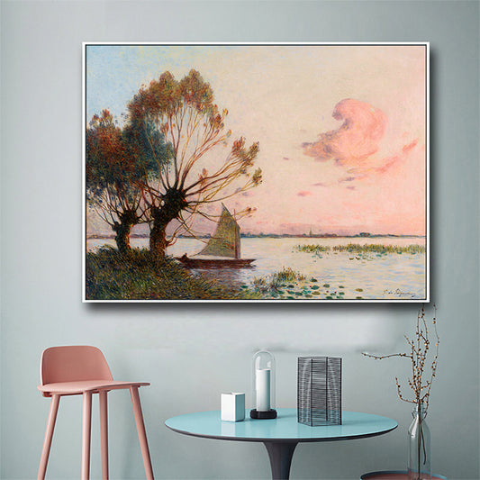 Poetic Sunset Landscape Wall Art Dining Room Scenery Painting Canvas Print in Soft Color Pink Clearhalo 'Art Gallery' 'Canvas Art' 'Country Art Gallery' 'French Country' 'Rustic' Arts' 1657486