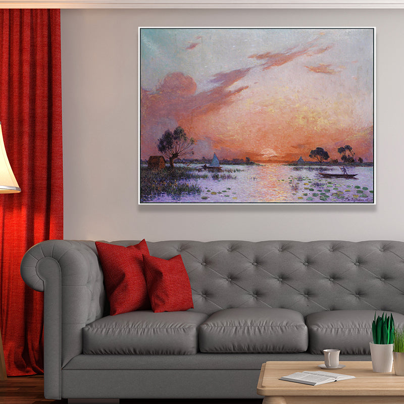 Poetic Sunset Landscape Wall Art Dining Room Scenery Painting Canvas Print in Soft Color Clearhalo 'Art Gallery' 'Canvas Art' 'Country Art Gallery' 'French Country' 'Rustic' Arts' 1657498
