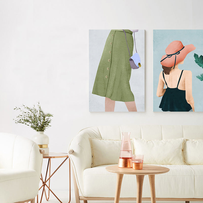 Scandinavian Fashion Girl Wall Decor Pastel Color Canvas Print for Living Room (Multiple Sizes) Green Clearhalo 'Arts' 'Canvas Art' 1657523